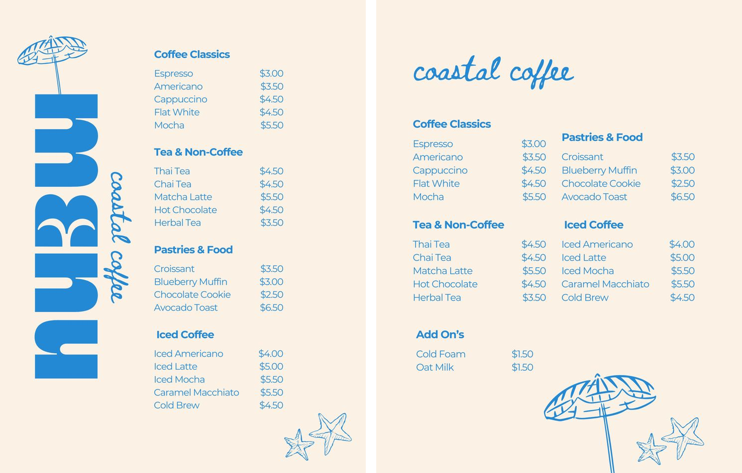 Hubu Coastal Coffee menu design preview